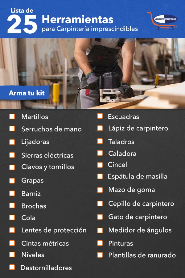 Inforgrafía con lista de herramientas para carpintería