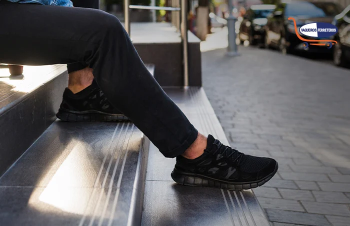 Joven sentado en una escalera que lleva unos zapatos deportivos cómodos