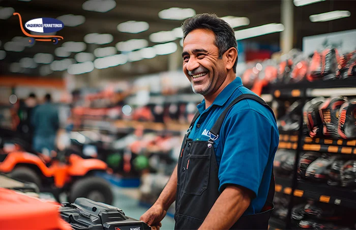 Vendedor de una tlapalería o ferretería sonriendo a sus clientes